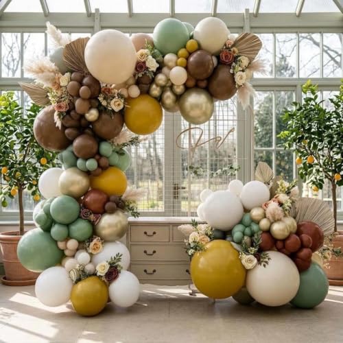 Image of Green Brown White Balloons Double Stuffed Latex Sage Green Gold Mustard Yellow Balloons Boho Balloon Garland For Boho Neutral Birthday Baby Shower Safari Jungle Wooland Garden Theme Party Decor