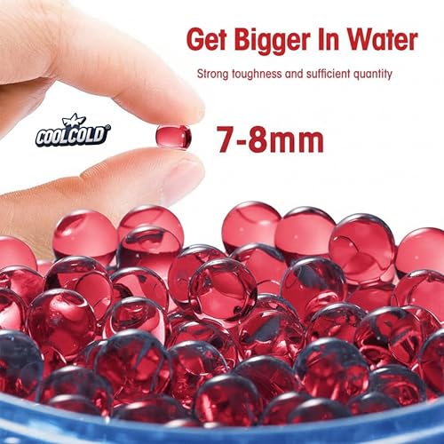 Image of COOLCOLD Gel Blaster Refill Ammo - 50,000 Rounds of 7-8mm Non-Toxic Water Beads for Gel Guns - Safe for Adults 15+ - Transparent Blue Gel Bullets - Pack of 5 - Also Ideal as Home Decor Vase (Red)
