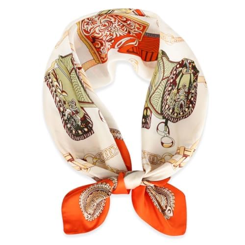 EXTREE Fashion Silky Satin Headscarf for Women Girls: Exquisite Pattern Lightweight Silk Graceful Scarfs 27.5 x 27.5 inches Saddle Leather Buckle Orange