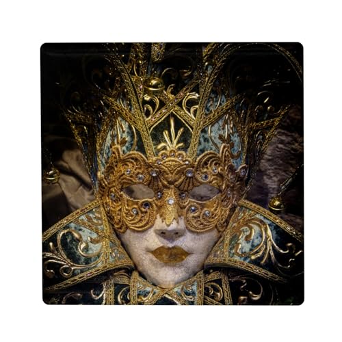 Aimant Frigo Céramique Carré - Carnaval de Venise Masque Blanc Or et Bleu - Format 5x5cm Magnet Décoratif Souvenir pour Réfrigérateur et Tableau...