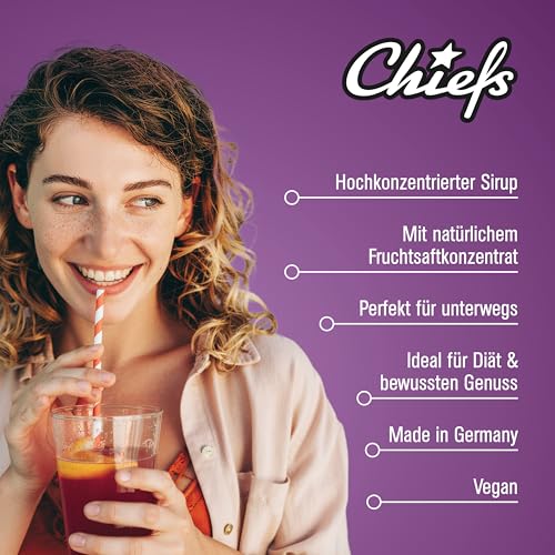CHIEFS Syrup Zero, Schwarze Johannisbeere, 5 x 65 ml, für mehr als 40 l Fertiggetränk, Sirup zuckerfrei mit echten Fruchtextrakten, vegan, 0 Kalorien, made in Germany