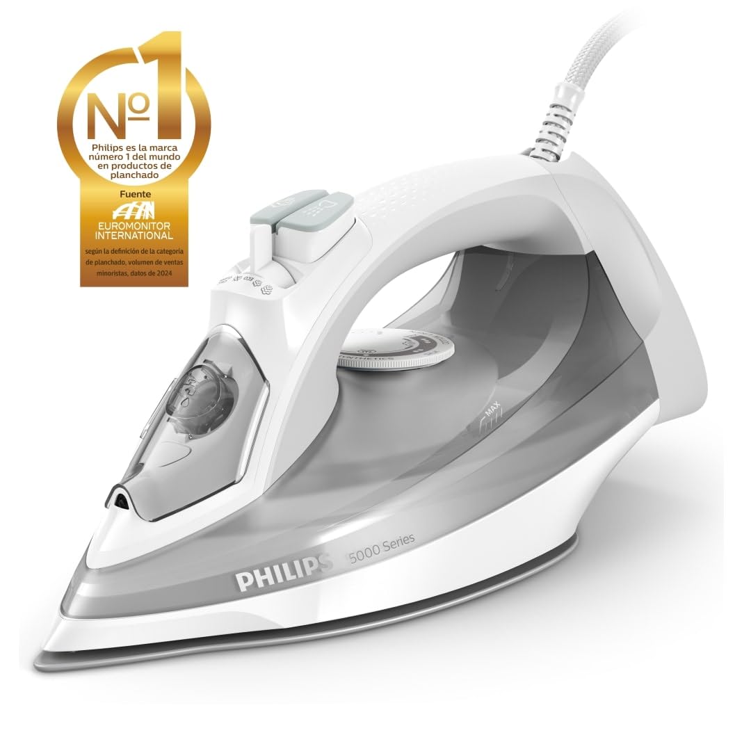 Philips 5000 Plancha de Vapor, Potencia de 2400W, depósito 320 ml, Blanco | Golpe de vapor 160g, 40g/min continuo, suela SteamGlide Plus, vapor vertical, Antigoteo, plancha compacta (DST5010/10)