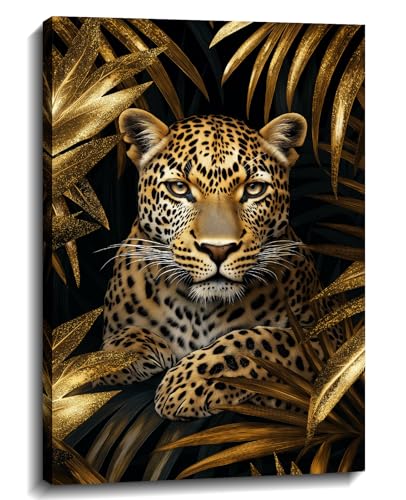 Leopard Canvas Wall Art Gold Leaves Picture Black Poster African