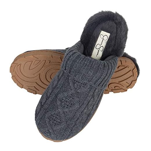 Jessica Simpson Womens Soft Cable Knit Slippers with Indoor/Outdoor Sole, Charcoal, Medium