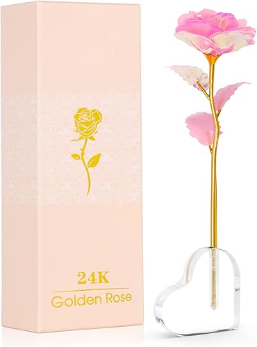 Beferr Flor artificial colorida rosa de plástico con soporte en forma de corazón un gran regalo