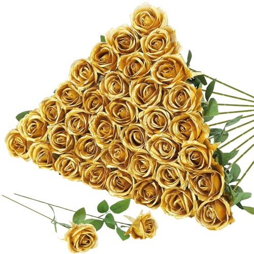 Hoemwarm 36 Pcs Gold Artificial Roses with Long Stems