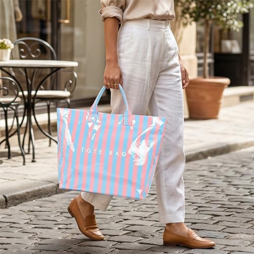 Image of Striped PVC Tote Bag for Women, Waterproof Plastic Hobo Handbag Summer Tote for Beach, Pool & Ideal Gift
