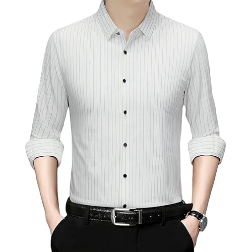 MQMYJSP Camisa de manga larga a rayas sin costuras para hombre, con solapa, no necesita planchado, informal, para jóvenes, de mediana edad, primavera, otoño, blanco, XS