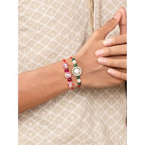 Image of Peora Rakhshabandhan Thread Rakhi for Brother Bhaiya | Kundan Beads & Crystal Studded | Combo Set of 2 | Rakhi Hamper Roli Chawal & Greeting Card
