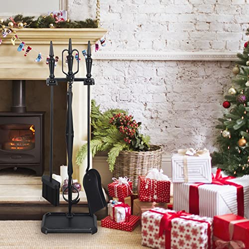 Feed Garden Fireplace Tools Set 5 Pc 30 Inch Modern Outdoor Wrought Iron Fireplace Accessories Set With Log Holder Poker, Tong, Shovel, Brush, Base, Black #TOP5