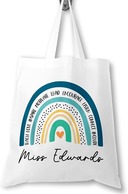 Personalised Teacher Bag with Customisable Name, Teacher Gifts, Custom Leaving End of Term Gift, Custom Teacher Tote Bag with Any Name, Rainbow Tote Bag, School Leaving Gift