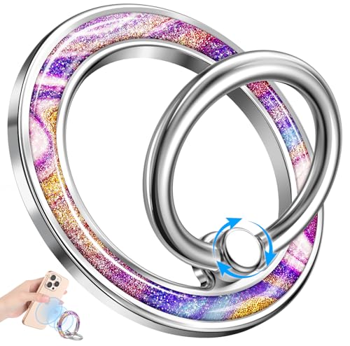 LISEVO glitter magnetic ring grip on the back of a phone — showing the 360° rotation and finger loop that let a teen scroll one-handed on the bus
