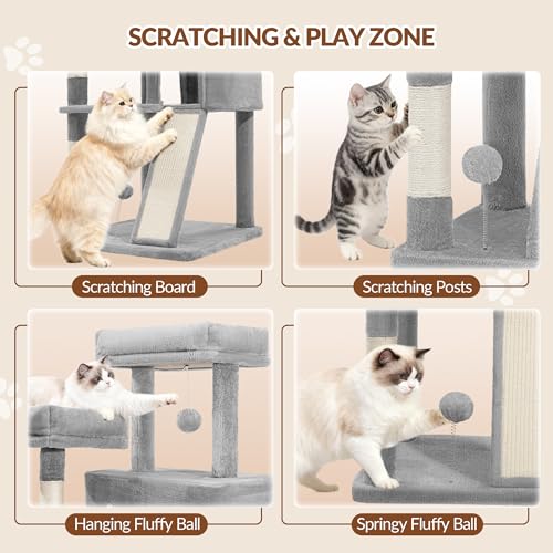 Fobyfurny Cat Tree for Indoor Cats, 178 cm Cat Tower, Multi-Level Cats Climbing Frame with Scratching Posts, Scratch Board, 2 Comfy Condos, 2 Perches, Pompoms, Rest Place, Light Grey FPMS005FG1 - Image 4