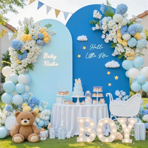 Image of Baby Blue and Royal Blue Photo Arch Backdrop Cover Set of 2 for Baby Shower Boy Party 7.2ft and 6ft Arch Covers Stretchy Backdrop Spandex Birthday Arch Stand Covers for Wedding Banquet Background