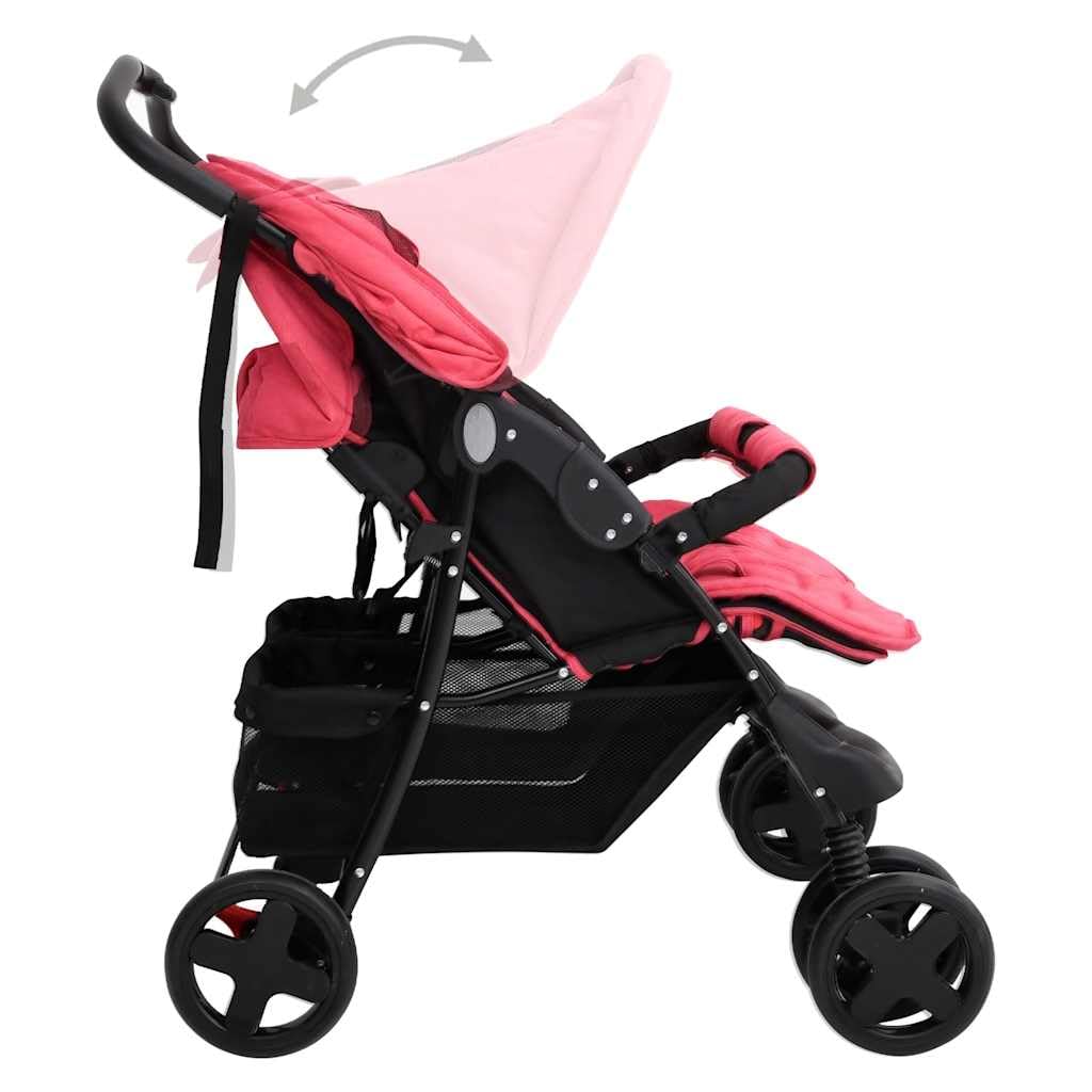 vidaXL Carrito para Gemelos Cochecito Sillita Gemelar Silla de Paseo Canasta Niños Reposapiés Ajustable Dosel Plegable de Acero Rojo
