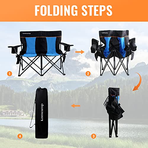 Bayieiui Double Camping Chair Portable 2 Person Folding Camp Chair With Storage Cup Holders Supports 440 Lbs For Adults Outdoor Black & Blue #TOP2
