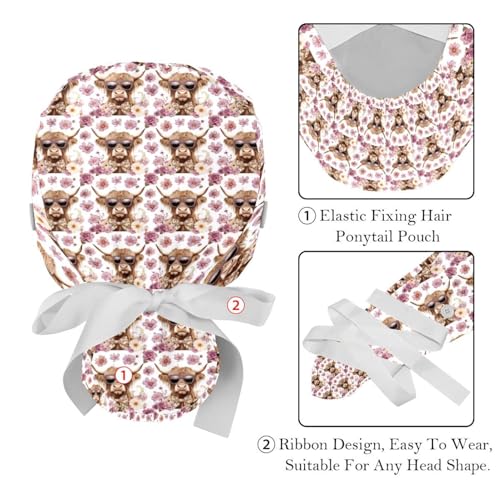 Image of 2 PCS Bouffant Cap with Button Ponytail Pouch Working Cap Sweatband Adjustable Surgical Cap Black and White Cow