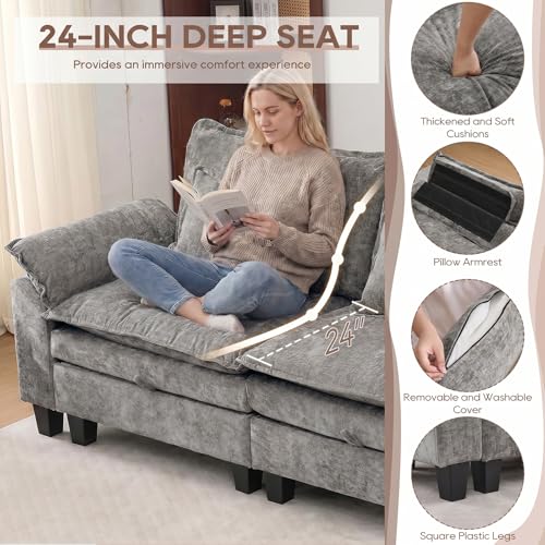 Image of IPKIG 82.3 inch Modular Cloud Couch with Storage, U Shaped Sectional Sofa with Ottoman & Pillow, Chenille Deep Seat Sectional Couches for Living Room, Apartment, Grey