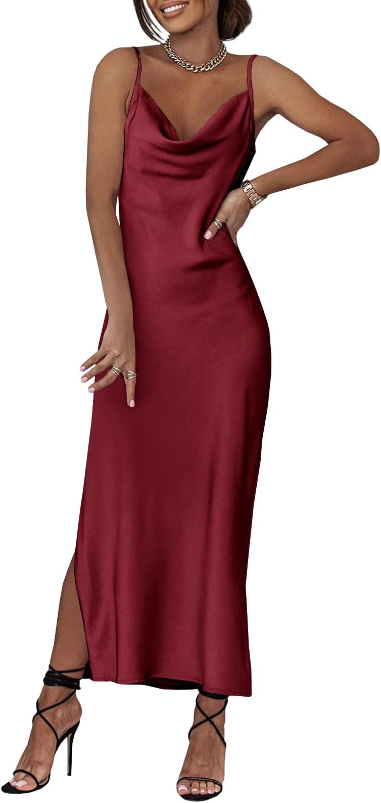 UMEKO Womens Sexy Spaghetti Strap Satin Dress Summer Cowl Neck 2023 Ruched Side Slit Party Cocktail Maxi Dress