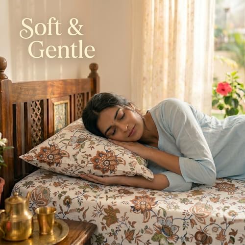 Image of Mafatlal Saanjh 144 TC Single Cotton Bedding 90x60 Inch | Bed Sheet Single Size | Floral Pattern Textile | Ethnic Look | Comfortable Summer Ready Material | Pillowcase Included | Brownish