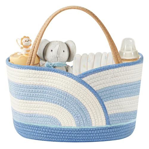 Babygreat Baby Diaper Caddy Organizer - Portable Cotton Rope Diaper Caddy Basket for Nursery Gift for Baby Shower List Storage for Diapers Wipes Toys & Newborn Essentials (Blue/White)