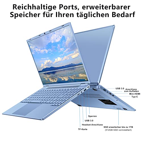 AOCWEI Laptop 16 Zoll 12GB RAM 512GB ROM Erweiterungen 2,5" 1 TB SSD, Laptop Win 11 mit 4-Core CPU N5095 (bis zu 2,9 GHz), 1920 * 1200丨5G WiFi丨Bluetooth & Deutsche Tastatur Aufkleber-Blau – Bild 6
