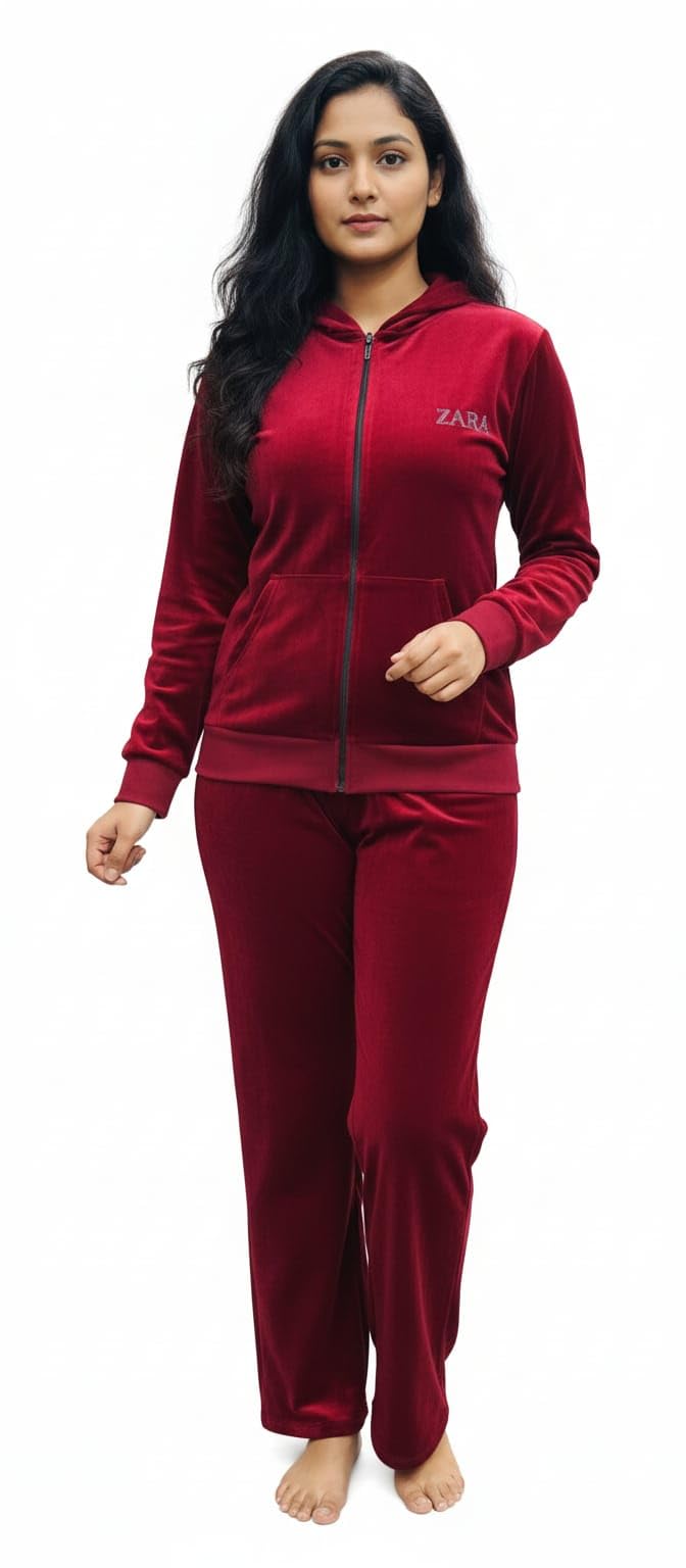 Women's Velvet Tracksuit Set, Burgundy Red, Zip-Up Hoodie with Front Pockets and Matching Pants, Lounge Wear (IN, Alpha, M, Regular, Burgandy Red)-picture-12