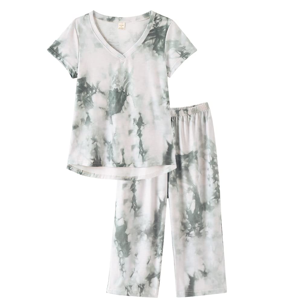 YIJIU Women's Short Sleeve Tops and Capri Pants Cute Cartoon Print Pajama Sets 3X-Large Green Printed