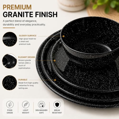 Image of Melvio By Malti Black Granite 40 Piece Dinner Set | Melamine Dinnerware Set, Premium Dinner Set Crockery Plates Bowls Tableware for Home Dining Kitchen