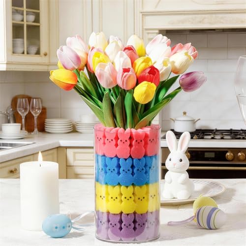 Image of ALFEVA Easter Decorations-Vase in Vase 15pcs Artificial Tulips and 56 Peeps Bunnies Filler, Easter Vase Set Ready to Display,Spring Decorations for Home Table
