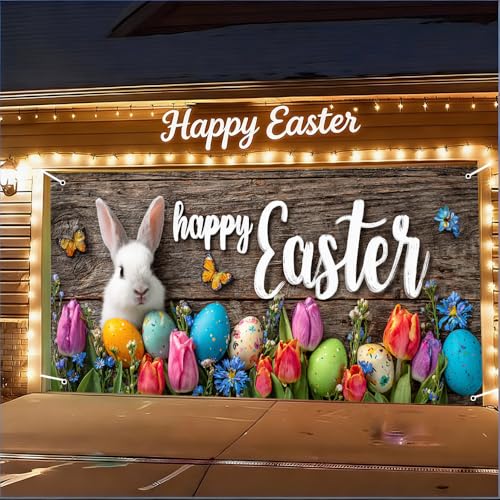 Image of Easter Garage Door Cover 157.48 x 70.87 Inch White Bunny Colorful Eggs Rustic Wood Background Spring Flowers Vibrant Outdoor Garage Decor Easter Celebration Family Gathering Seasonal Yard Display