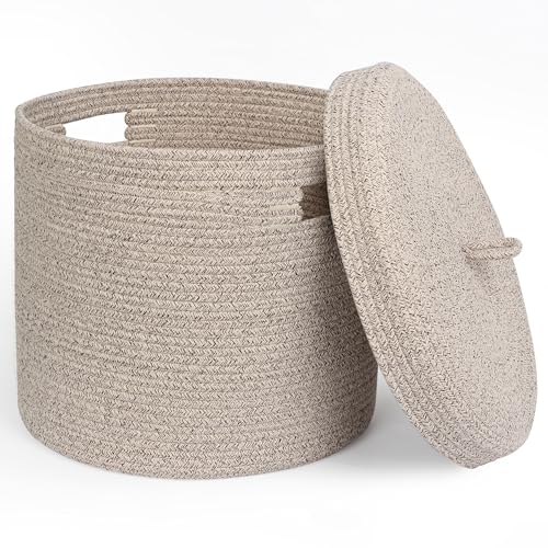 Image of WILLITAT Storage Basket with Lid, Woven Blanket Storage for Living Room, Soft Cotton Rope Bin with Lid, Round Wicker Laundry Basket with Cover, Lidded Kids Dog Toy Bin, Nursery Organizer, 15" x 13"