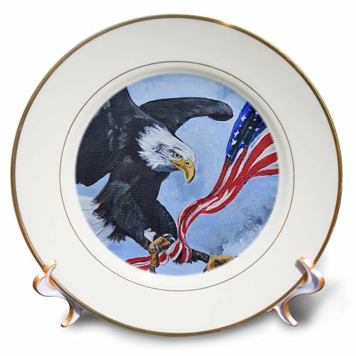 3dRose 8 inch Porcelain Plate - Image of eagle flying tangled with US flag A. Torres Art Patriotic Art
