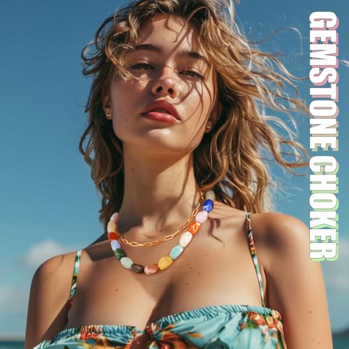ACEDRE Colorful Statement Gemstone Necklace Chunky Layered Beaded Choker for Women2