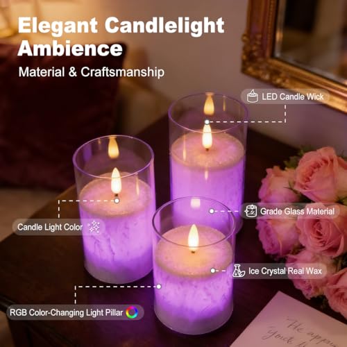 Image of LEDHOLYT Rechargeable Ice Crystal Glass Flameless Candles, RGB Color Changing Realistic Flickering Flameless Candles with Remote & Timer,Best Festival Wedding Home Party Decor - Set of 3