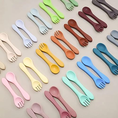 Kit Talheres em Bambu ou Silicone Garfo e Colher Introdução Alimentar Macio (Verde)