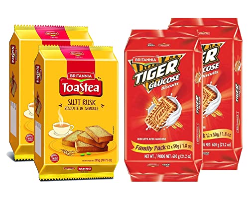 Britannia Wheat Rusk & Tiger Glucose Variety Pack - Breakfast & Tea Time Snacks - Crunchy and Delicious (Pack of 1 Each)のサムネイル