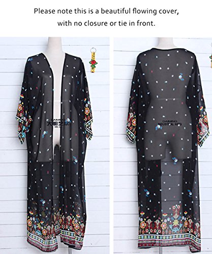Shermie Flroal Kimono Cardigans For Women Long Beach Swim Kimono Cover Up Black thumb #5