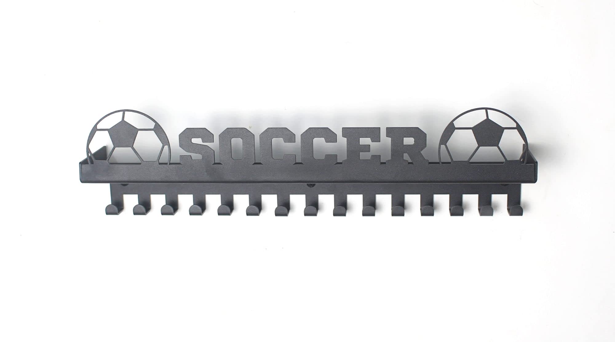 URBN BY MODERN HOME FINISHINGS Metal Wall Mount Sports Soccer Design Kids & Adults Sports Medal Hanger and Ribbon Display Holder Rack with 3" Trophy Shelf and Easy Hanging Hooks - Black