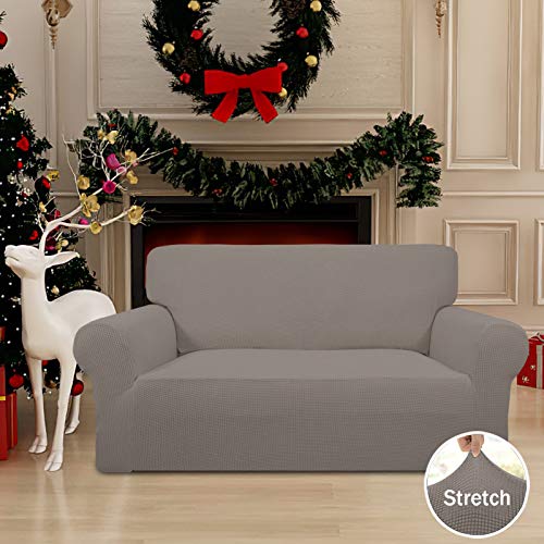 Image of Easy-Going Stretch Loveseat Slipcover 1-Piece Sofa Cover Furniture Protector Couch Soft with Elastic Bottom for Kids Polyester Spandex Jacquard Fabric Small Checks (Loveseat, Taupe)