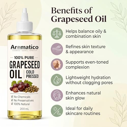 Image of AROMATICO Cold Pressed Grapeseed Oil for Hair & Skin - Lightweight Grape Seed Oil for Oily Scalp, Acne-Prone Skin & Body Massage | 200ml