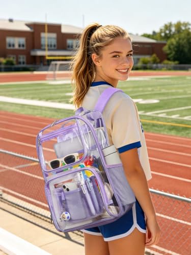 Image of Heavy Duty Clear Backpack For Kids Women Men Boys Girls, 17 Inch See Through Backpack, Large Clear Bookbag, Transparent Bag For School College Sport Work Travel, Light Purple