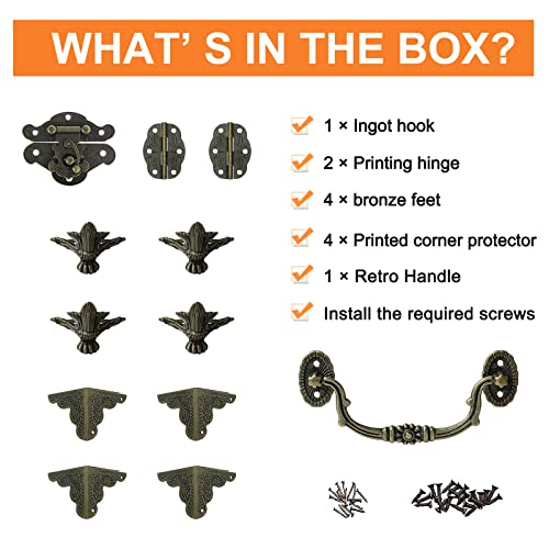 Morobor Jewelry Box Antique Lock Latch Hasp Hinges Handle Box Corner Protectors Kit For Diy Jewelry Box Bronze, Wood Case Jewelry Chest Storage Box Feet Leg Corner Protector, Box Not Included #TOP3