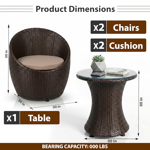 Image of OUTLIVING Outdoor Two Seater Rattan & Wicker Conversation Mudda Set | UV & Water Resistant Patio & Garden Furniture Set with 2 Cushioned Chairs & Glass Top Center Table | Brown