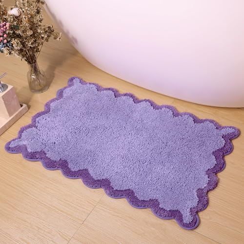 Image of ORTIGIA Cute Purple Scalloped Bath Mat, Fun Plush Microfiber Scallop Bathroom Rugs Non Slip Washable Quick Dry Absorbent, Bath Rug Carpet for Shower Stall Vanities Kitchen Floor Entrance, 20x32
