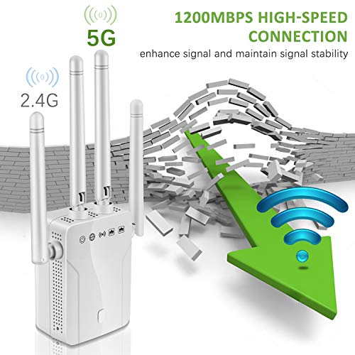 WiFi Range Extender-1200Mbps WiFi Repeater Wireless Signal Booster, 2.4 & 5GHz Dual Band WPS Wireless Signal 4 Antennas 360° Full Coverage (4 Antennas, White)