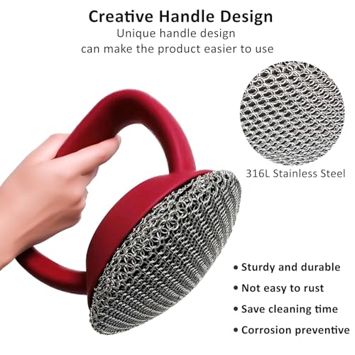 Image of Cast Iron Scrubber with Handle 316L Stainless Steel Chainmail Scrubber for Cast Iron Pan Skillet Cleaner,Skillets and Grills (Blue)