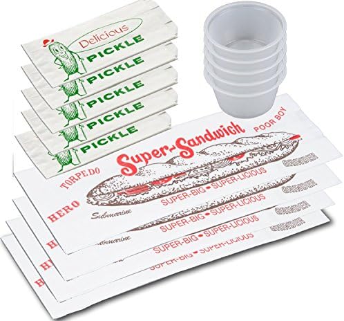 50 Sandwich Wrap Bags + Pickle Bags with Dressing condiment cup & Lids Printed Design Hoagies/Subs outdoor picnic Submarine party pack