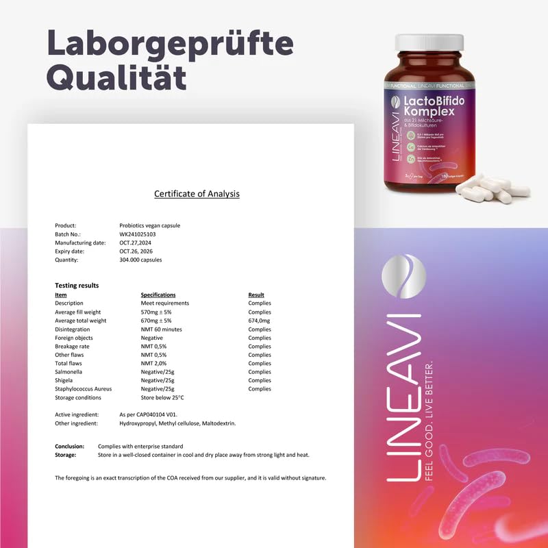 LINEAVI LactoBifido Komplex, 180 Kapseln, Komplex aus 21 Milchsäure-& Bifidokulturen, für deine innere Stärke, für 60 Tage