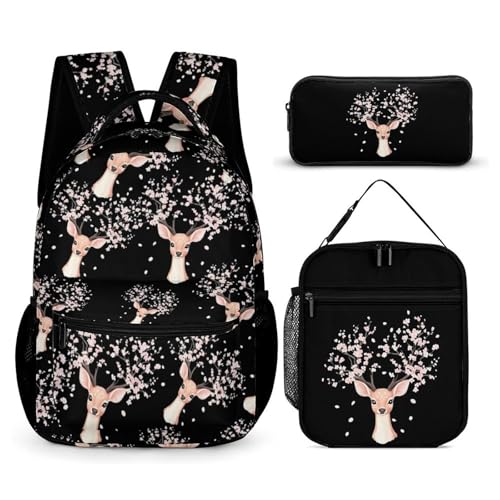 Cute Deer with Flower Antlers Cute Print Backpack Set of 3 Portable Lunchbox Pencil Cases for Daily Travel